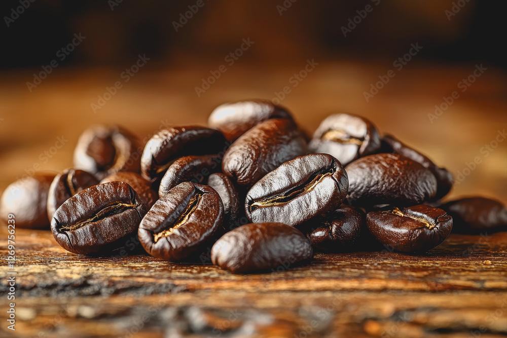 Coffee beans scattered on a rustic wooden table with natural light creating warm shadows Coffee beans scattered on a rustic wooden table with natural light creating warm shadows
