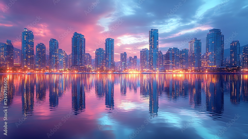 Fototapeta premium Golden hour luxury city waterfront high resolution hd picture