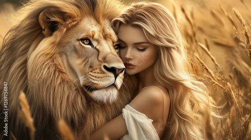 A beautiful woman with long blonde hair embraces a majestic lion in a golden field, radiating harmony and trust as the warm sunlight highlights their connection photo