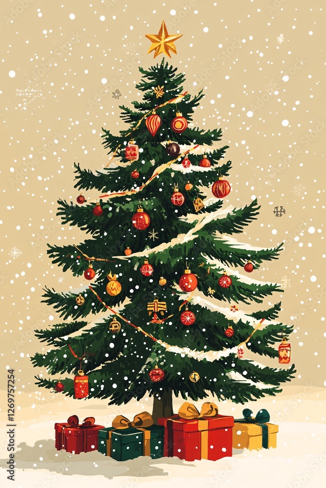 Obraz premium Christmas tree standing in the snow with gifts underneath