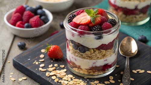Fresh berry parfait in a glass jar layered with creamy yogurt, granola, and assorted berries at a rustic kitchen table