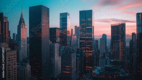 urban skyline featuring a cluster of futuristic high-rise buildings with unique designs, glowing lights at dusk