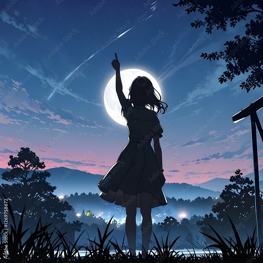 Dreamy Anime Isekai Silhouette – Girl Reaching for the Moon Under a Starry Sky Dreamy Anime Isekai Silhouette – Girl Reaching for the Moon Under a Starry Sky