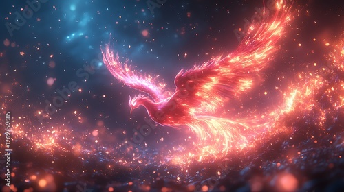 Vibrant neon phoenix soaring above a sea of shattered data representing resilience