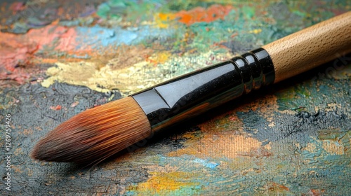 Paintbrush on colorful palette, art supplies, studio background, creative process photo