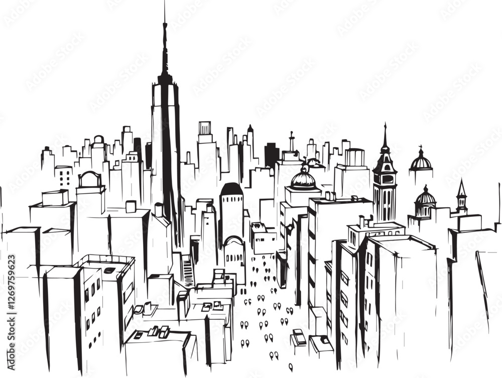 Obraz premium City landscape. Different buildings on street, outline cityscape hand sketch, flat houses. Hand drawn vector illustration