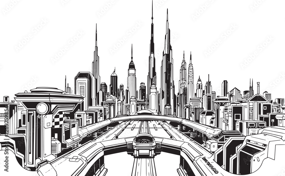 Fototapeta premium City landscape. Different buildings on street, outline cityscape hand sketch, flat houses. Hand drawn vector illustration