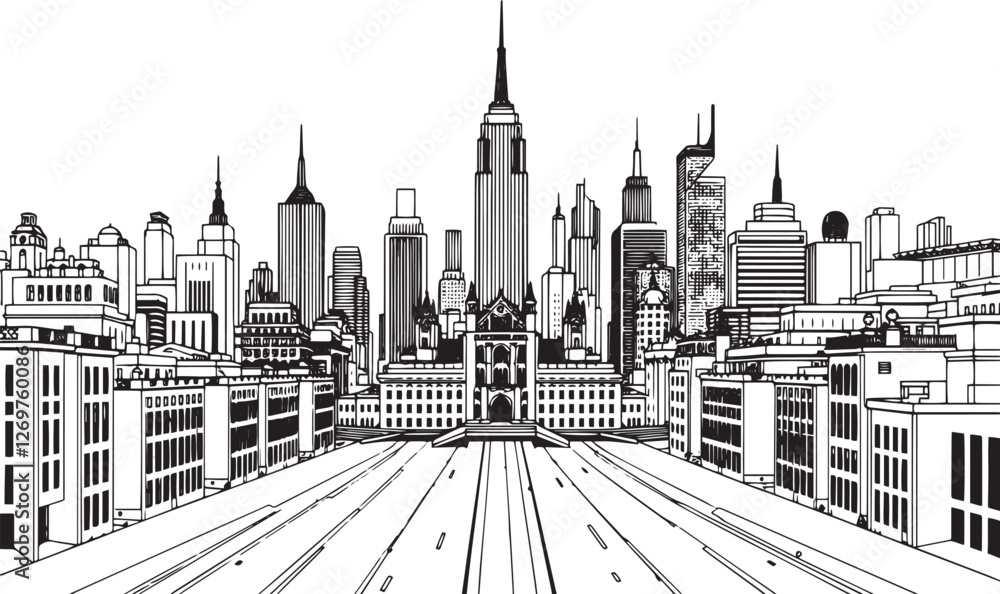 Fototapeta premium City landscape. Different buildings on street, outline cityscape hand sketch, flat houses. Hand drawn vector illustration