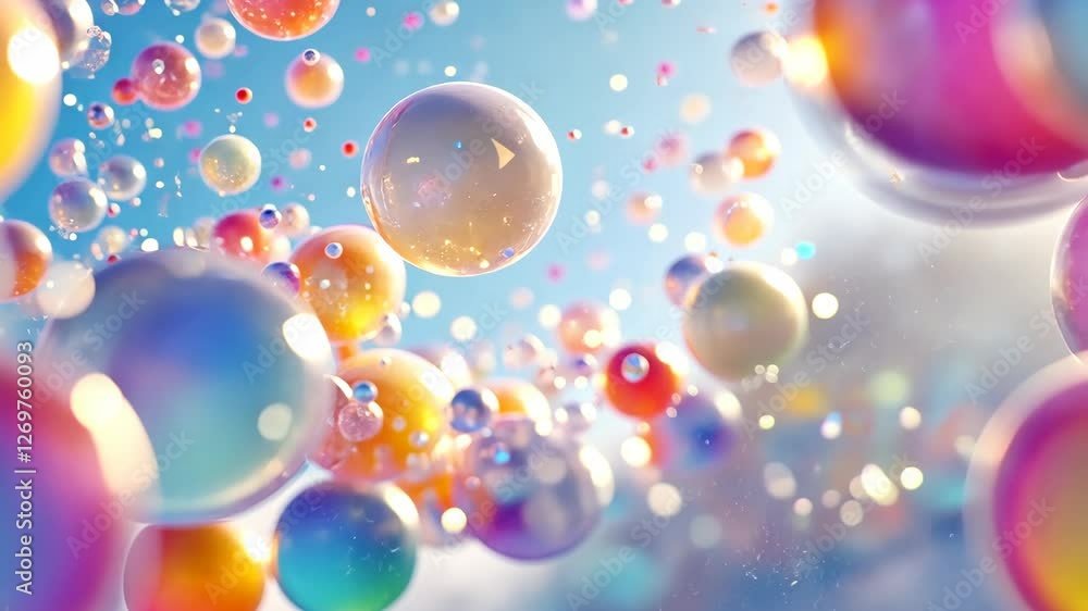 Colorful bubbles floating in bright sky with soft clouds during a sunny day creating a dreamy atmosphere Colorful bubbles floating in bright sky with soft clouds during a sunny day creating a dreamy atmosphere