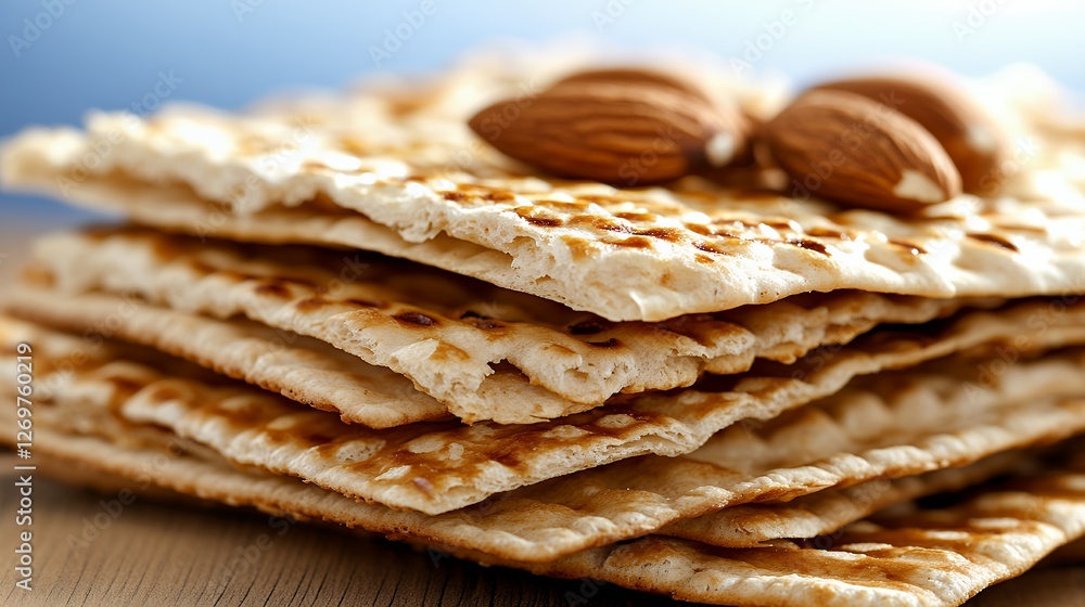 Crispy Matzah Crackers with Almonds on Wooden Surface Crispy Matzah Crackers with Almonds on Wooden Surface