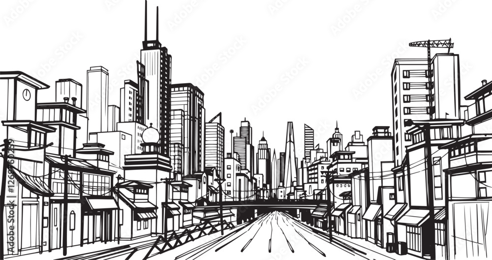 Fototapeta premium City landscape. Different buildings on street, outline cityscape hand sketch, flat houses. Hand drawn vector illustration