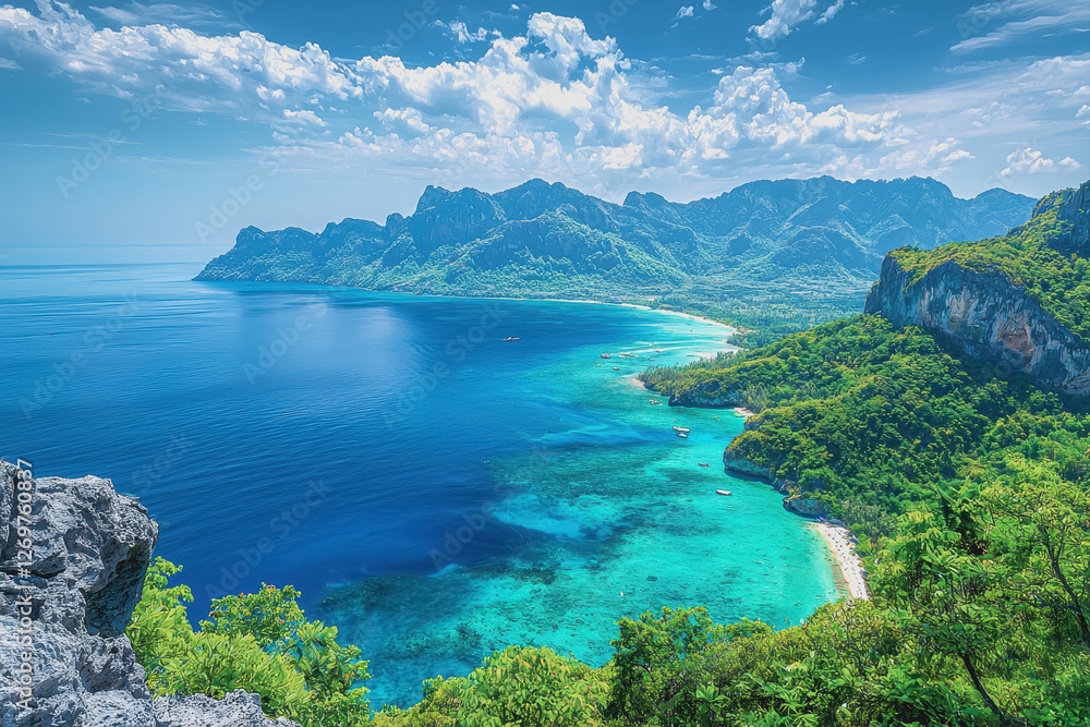 Scenic view of a tranquil beach with gentle waves and a distant mountain landscape under clear blue sky Scenic view of a tranquil beach with gentle waves and a distant mountain landscape under clear blue sky