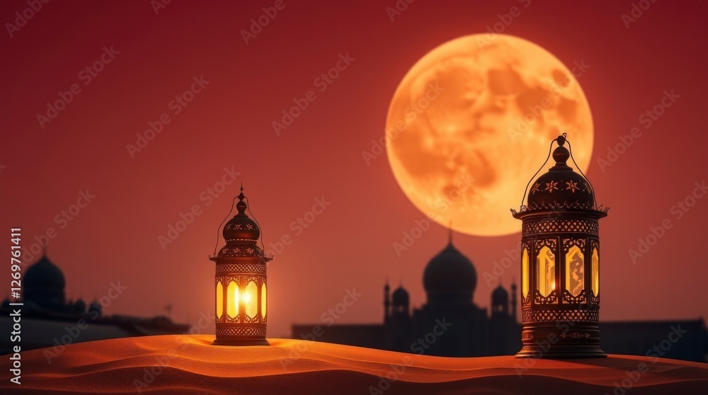 Glowing Lanterns Desert Night Ramadan Moon Scene Glowing Lanterns Desert Night Ramadan Moon Scene