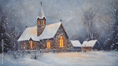 Wallpaper Mural Enchanting Snowy Village Church in Warm Glow During Winter Wonderland Torontodigital.ca