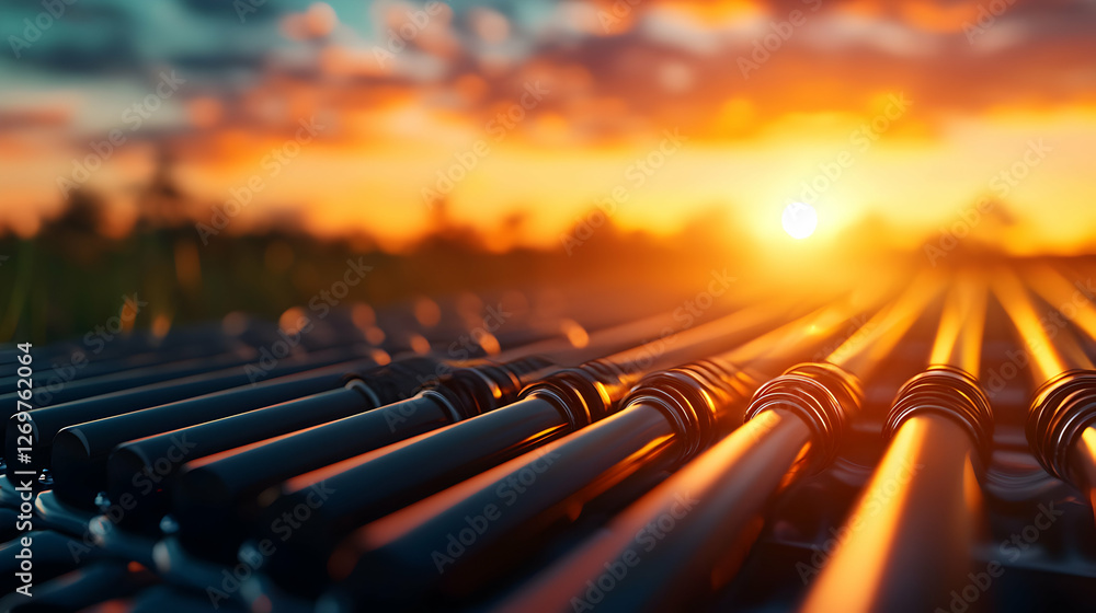 Obraz premium Close Up Pipeline Rows Reflecting Golden Sunset Over Green Field in Countryside