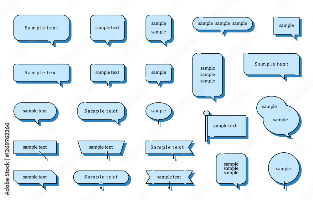The picture is a collection of examples of text speech bubbles. The text is written in black and the message bubbles are arranged in various shapes. The labels all have different sizes and shapes The picture is a collection of examples of text speech bubbles. The text is written in black and the message bubbles are arranged in various shapes. The labels all have different sizes and shapes