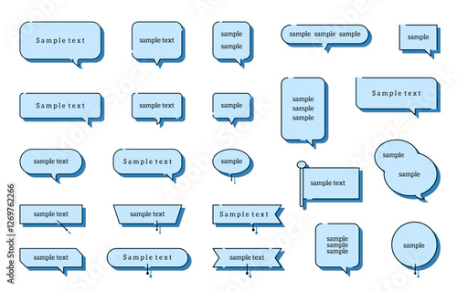 The picture is a collection of examples of text speech bubbles. The text is written in black and the message bubbles are arranged in various shapes. The labels all have different sizes and shapes