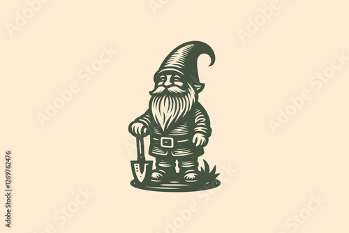 Vintage garden gnome logo in monochrome engraving style