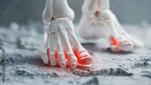 3D illustration of foot bones with highlighted red areas indicating pain