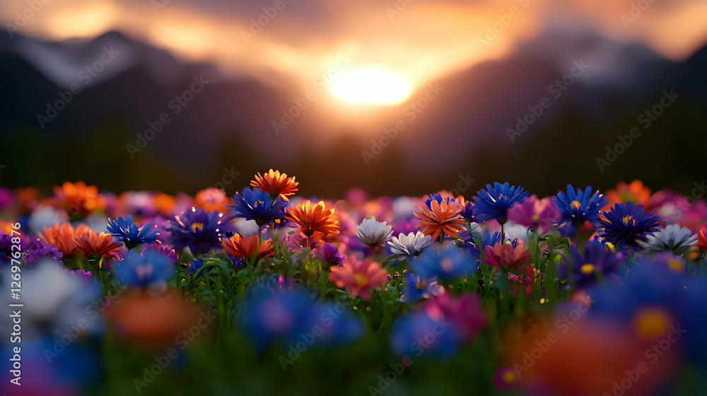 Obraz premium Colorful Wildflower Meadow with Mountain Backdrop at Warm Sunset