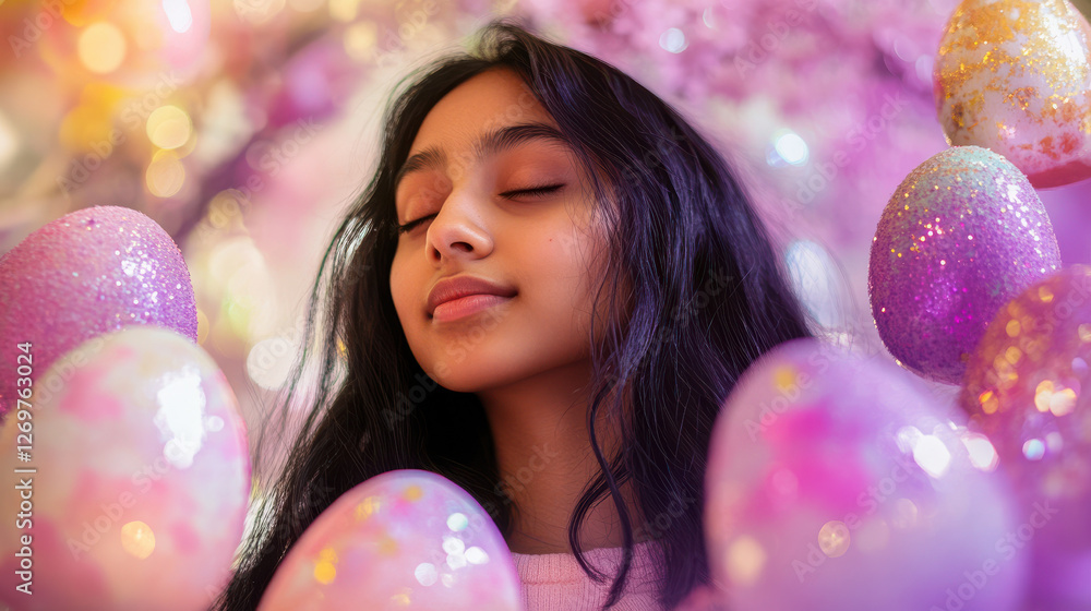 Fototapeta premium Whimsical Easter scene with a 12-year-old smiling Black girl and pastel eggs