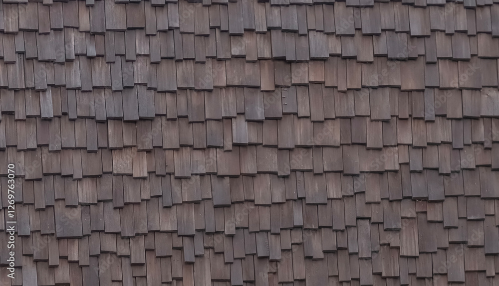 Roof made of pieces of wooden planks. Background, texture with gaussian blur effect. Close-up Roof made of pieces of wooden planks. Background, texture with gaussian blur effect. Close-up