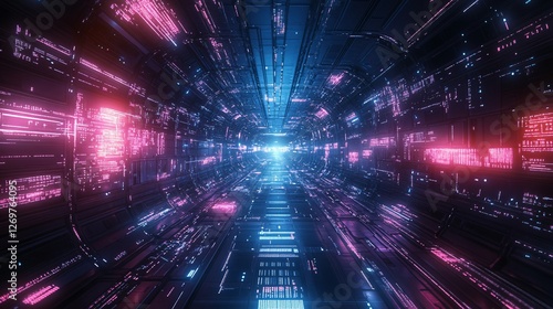 A vibrant, futuristic tunnel of glowing lights, showcasing a digital landscape filled with neon colors and intricate patterns.