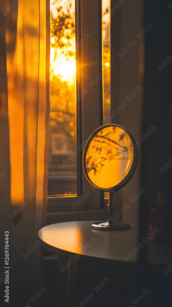 Un miroir rond avec une belle lumière épique Un miroir rond avec une belle lumière épique