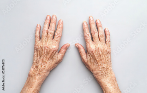 Elderly hands with visible veins and wrinkles on light background