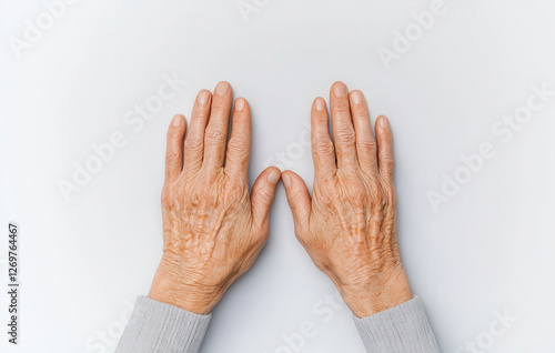 Elderly hands resting on white surface, showing age and experience