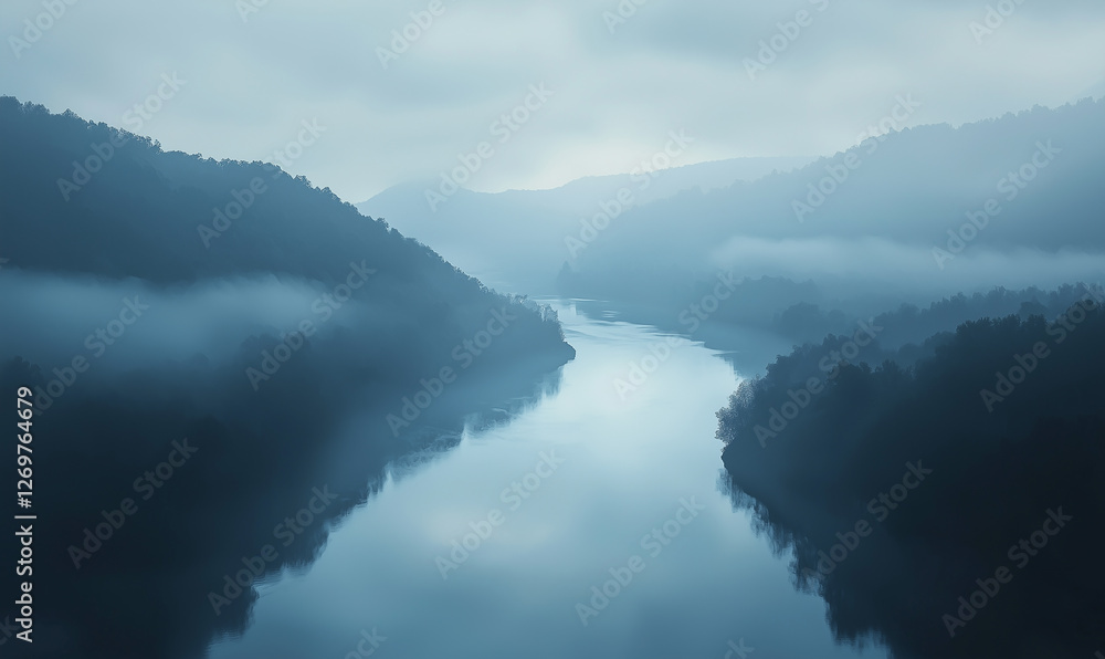 Misty river flowing between mountains, enveloped in a serene, tranquil atmosphere. Misty river flowing between mountains, enveloped in a serene, tranquil atmosphere.
