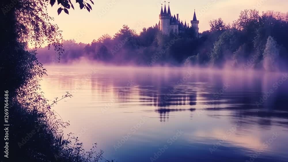 Misty dawn view of a castle by the river with reflections and lush trees in the background Misty dawn view of a castle by the river with reflections and lush trees in the background