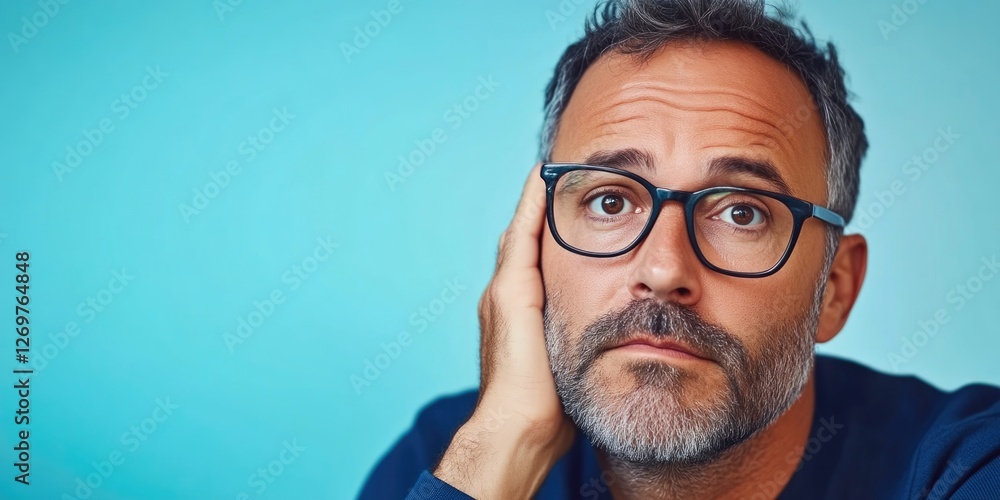 Fototapeta premium Serious man pondering with hand on chin