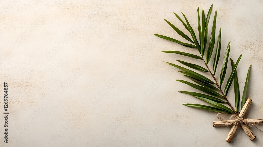 Green Palm Branch and Rustic Star on Beige Textured Background Green Palm Branch and Rustic Star on Beige Textured Background