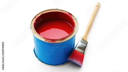 A blue paint can with a brush, ready for home renovation and creative projects. photo