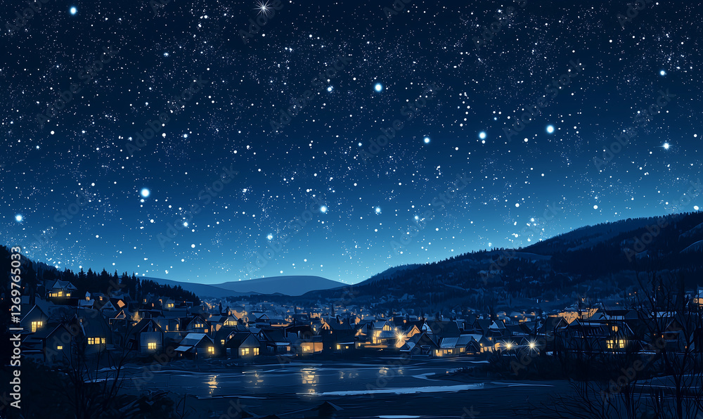 Starry night sky over a peaceful village, illuminated by warm lights, surrounded by mountains. Starry night sky over a peaceful village, illuminated by warm lights, surrounded by mountains.