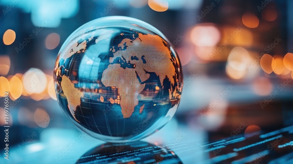 A clear globe showcasing a modern, interconnected world with vibrant city lights. A clear globe showcasing a modern, interconnected world with vibrant city lights.