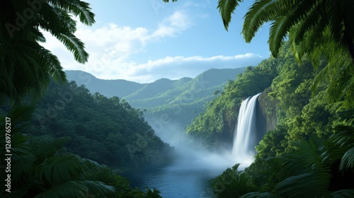 A hidden waterfall deep in a tropical jungle, surrounded by mist and lush green foliage