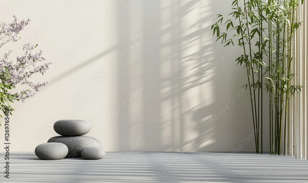 A serene space featuring stones and bamboo with soft light and shadows on a minimalistic wall. A serene space featuring stones and bamboo with soft light and shadows on a minimalistic wall.