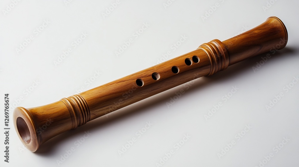 Naklejka premium Classic wooden recorder resting flat on a white background emphasizing its smooth body and finger holes