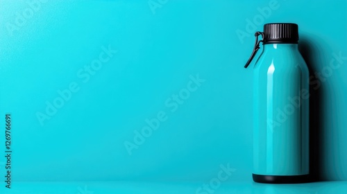 Stylish turquoise water bottle against a vibrant blue background for hydration and wellness.