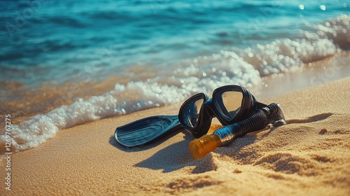 A snorkeling gear set placed on soft golden sand at the beach, symbolizing travel, summer vacations, and ocean exploration. Ideal for tourism promotions, water sports themes, holiday advertisements