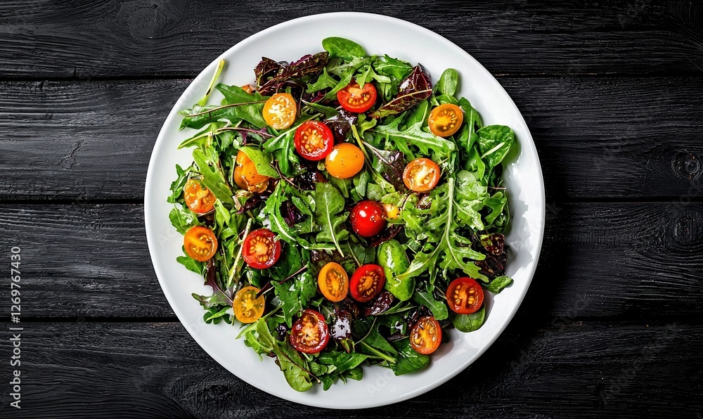 Fresh organic salad with cherry tomatoes served on wooden table Fresh organic salad with cherry tomatoes served on wooden table