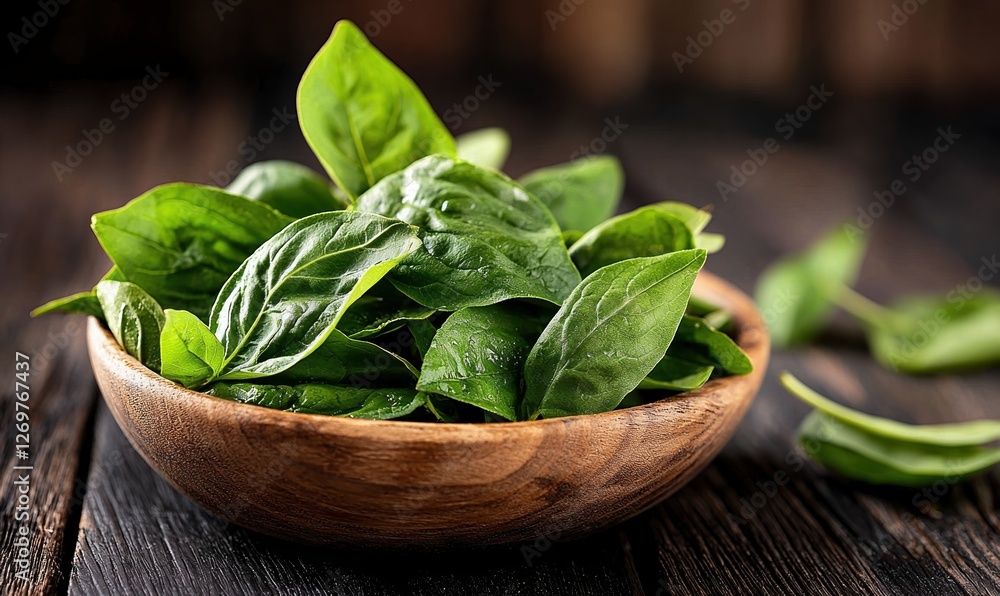 Fresh pinach leaves presented in a wooden bowl on a rustic table setting Fresh pinach leaves presented in a wooden bowl on a rustic table setting