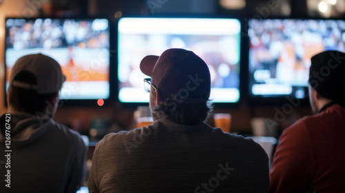 Bracket Watching on Multiple Screens, A group of friends intensely watching multiple basketball games on large TV screens, analyzing brackets and cheering during March Madness.