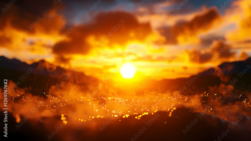 Fototapeta premium Dramatic Orange Sky at Sunset Over Mountain Landscape with Glowing City Lights