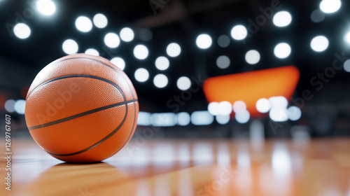 Wallpaper Mural Close-Up of Basketball on Hardwood Court, A close-up shot of an orange basketball resting on a polished hardwood court, with the March Madness logo subtly visible in the background. Torontodigital.ca