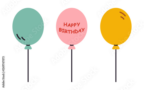 Vector birthday holiday air balloons set. Collection of cute flying festive decorations in flat design. Kids childish balloons cliparts.
