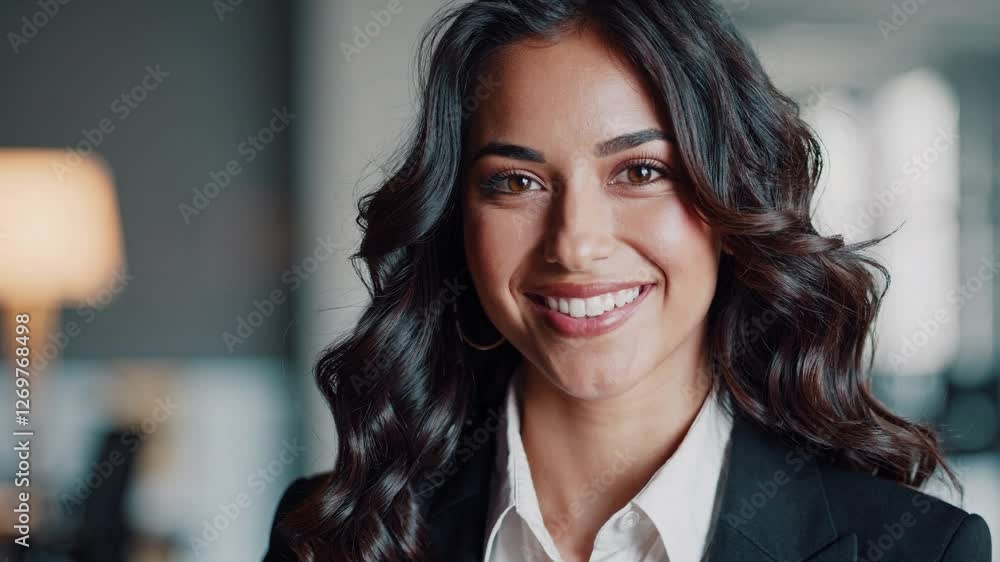 Slow Motion Headshot Close-Up of a Young Happy Smiling Hispanic Businesswoman – Confident and Professional Expression, Bright Eyes Full of Energy, Soft Natural Lighting Enhancing Facial Features Slow Motion Headshot Close-Up of a Young Happy Smiling Hispanic Businesswoman – Confident and Professional Expression, Bright Eyes Full of Energy, Soft Natural Lighting Enhancing Facial Features