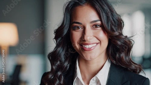 Slow Motion Headshot Close-Up of a Young Happy Smiling Hispanic Businesswoman – Confident and Professional Expression, Bright Eyes Full of Energy, Soft Natural Lighting Enhancing Facial Features